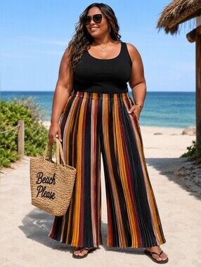Pleated Wide Leg Pants | Size 3X | Multicolor Stripe